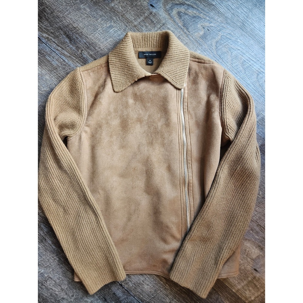 Ann Taylor moto zip faux suede jacket size XS VGUC brown sweater sleeves